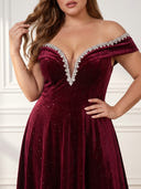 Plus Size Velvet Long Evening Dresses Off Shoulder Formal Dress A Line Wedding Guest