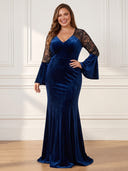 Plus Size Velvet Long Evening Dresses V Neck Formal Dress Mermaid Lace Wedding Guest