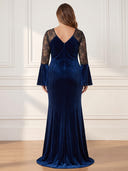 Plus Size Velvet Long Evening Dresses V Neck Formal Dress Mermaid Lace Wedding Guest