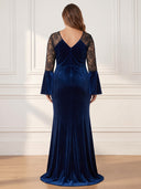 Plus Size Velvet Long Evening Dresses V Neck Formal Dress Mermaid Lace Wedding Guest