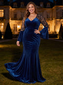 Plus Size Velvet Long Evening Dresses V Neck Formal Dress Mermaid Lace Wedding Guest