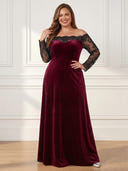 Plus Size Velvet Long Evening Dresses Off Shoulder Formal Dress Long Sleeves Wedding Party