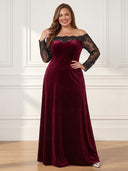 Plus Size Velvet Long Evening Dresses Off Shoulder Formal Dress Long Sleeves Wedding Party