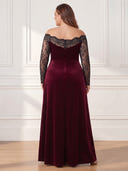 Plus Size Velvet Long Evening Dresses Off Shoulder Formal Dress Long Sleeves Wedding Party