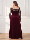 Plus Size Velvet Long Evening Dresses Off Shoulder Formal Dress Long Sleeves Wedding Party