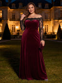 Plus Size Velvet Long Evening Dresses Off Shoulder Formal Dress Long Sleeves Wedding Party