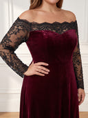 Plus Size Velvet Long Evening Dresses Off Shoulder Formal Dress Long Sleeves Wedding Party