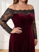 Plus Size Velvet Long Evening Dresses Off Shoulder Formal Dress Long Sleeves Wedding Party