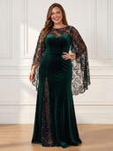 Plus Size Velvet Long Evening Dresses Crew Neck Formal Dress Cape Sleeves Wedding Party