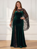 Plus Size Velvet Long Evening Dresses Crew Neck Formal Dress Cape Sleeves Wedding Party