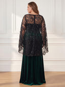 Plus Size Velvet Long Evening Dresses Crew Neck Formal Dress Cape Sleeves Wedding Party