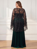Plus Size Velvet Long Evening Dresses Crew Neck Formal Dress Cape Sleeves Wedding Party