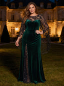 Plus Size Velvet Long Evening Dresses Crew Neck Formal Dress Cape Sleeves Wedding Party