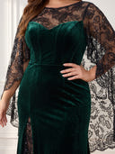 Plus Size Velvet Long Evening Dresses Crew Neck Formal Dress Cape Sleeves Wedding Party
