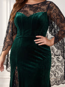 Plus Size Velvet Long Evening Dresses Crew Neck Formal Dress Cape Sleeves Wedding Party