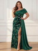 Plus Size Velvet Long Evening Dresses with Slit One Shoulder Formal Dress Mermaid Wedding Party