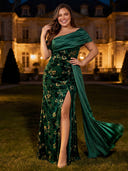 Plus Size Velvet Long Evening Dresses with Slit One Shoulder Formal Dress Mermaid Wedding Party