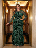 Plus Size Velvet Long Evening Dresses Crew Neck Formal Dress Mermaid Wedding Party
