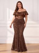 Plus Size Sequin Long Evening Dresses Off Shoulder Formal Dress Mermaid Satin Wedding Party