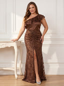 Plus Size Sequin Long Evening Dresses with Slit One Shoulder Formal Dress Mermaid Satin Wedding Party