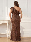Plus Size Sequin Long Evening Dresses with Slit One Shoulder Formal Dress Mermaid Satin Wedding Party