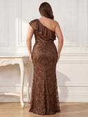 Plus Size Sequin Long Evening Dresses with Slit One Shoulder Formal Dress Mermaid Satin Wedding Party