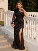 Plus Size Sequin Lace Long Evening Dresses with Slit One Shoulder Formal Dress Mermaid Satin Wedding Party