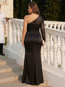 Plus Size Sequin Lace Long Evening Dresses with Slit One Shoulder Formal Dress Mermaid Satin Wedding Party