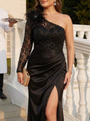 Plus Size Sequin Lace Long Evening Dresses with Slit One Shoulder Formal Dress Mermaid Satin Wedding Party