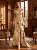 Sheath/Column Evening Dresses Off Shoulder with 3D Flower Metallic Satin Floor Length Dresses with Pleats/Back Zipper