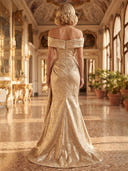 Sheath/Column Evening Dresses Off Shoulder with 3D Flower Metallic Satin Floor Length Dresses with Pleats/Back Zipper