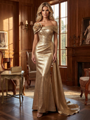 Sheath/Column Evening Dresses Off Shoulder with 3D Flower Metallic Satin Floor Length Dresses with Train/Back Zipper