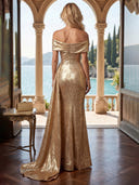 Sheath/Column Evening Dresses Off Shoulder with 3D Flower Metallic Satin Floor Length Dresses with Train/Back Zipper
