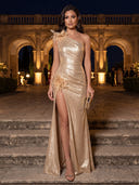 Sheath/Column Evening Dresses with Feather Metallic Satin One Shoulder Sleeveless Floor Length Dresses with Pleats/Back Zipper