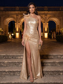 Sheath/Column Evening Dresses with Feather Metallic Satin One Shoulder Sleeveless Floor Length Dresses with Pleats/Back Zipper