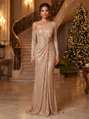 Sheath/Column Evening Dresses Sequin One Shoulder Long Sleeves Floor Length Formal Dresses with Pleats/Back Zipper
