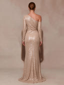 Sheath/Column Evening Dresses Sequin One Shoulder Long Sleeves Floor Length Formal Dresses with Pleats/Back Zipper