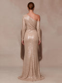 Sheath/Column Evening Dresses Sequin One Shoulder Long Sleeves Floor Length Formal Dresses with Pleats/Back Zipper