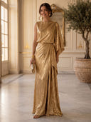 Sheath/Column Evening Dresses Crew Neck One Sleeves Floor Length Formal Dresses with Pleats/Back Zipper