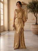 Sheath/Column Evening Dresses Crew Neck One Sleeves Floor Length Formal Dresses with Pleats/Back Zipper