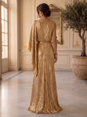 Sheath/Column Evening Dresses Crew Neck One Sleeves Floor Length Formal Dresses with Pleats/Back Zipper