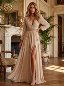 Chiffon Evening Dresses with Slit V Neck Long Sleeves Floor Length Formal Dresses with Lace/Back Zipper