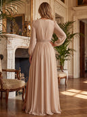 Chiffon Evening Dresses with Slit V Neck Long Sleeves Floor Length Formal Dresses with Lace/Back Zipper
