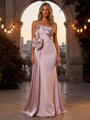 Satin Evening Dresses Strapless Floor Length Mermaid Formal Dresses with Bow/Back Zipper