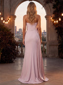 Satin Evening Dresses Strapless Floor Length Mermaid Formal Dresses with Bow/Back Zipper