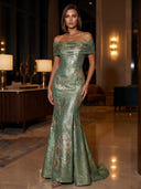 Jacquare Evening Dresses Off Shoulder Floor Length Mermaid Formal Dresses