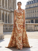 Jacquare Evening Dresses V Neck Floor Length Mermaid Formal Dresses Overskirt/Back Zipper