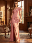 Sheath/Column Evening Dresses One Shoulder Floor Length Satin Mermaid Dresses with Slit/Back Zipper