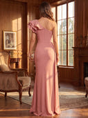 Sheath/Column Evening Dresses One Shoulder Floor Length Satin Mermaid Dresses with Slit/Back Zipper
