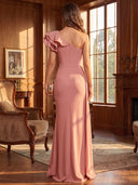 Sheath/Column Evening Dresses One Shoulder Floor Length Satin Mermaid Dresses with Slit/Back Zipper